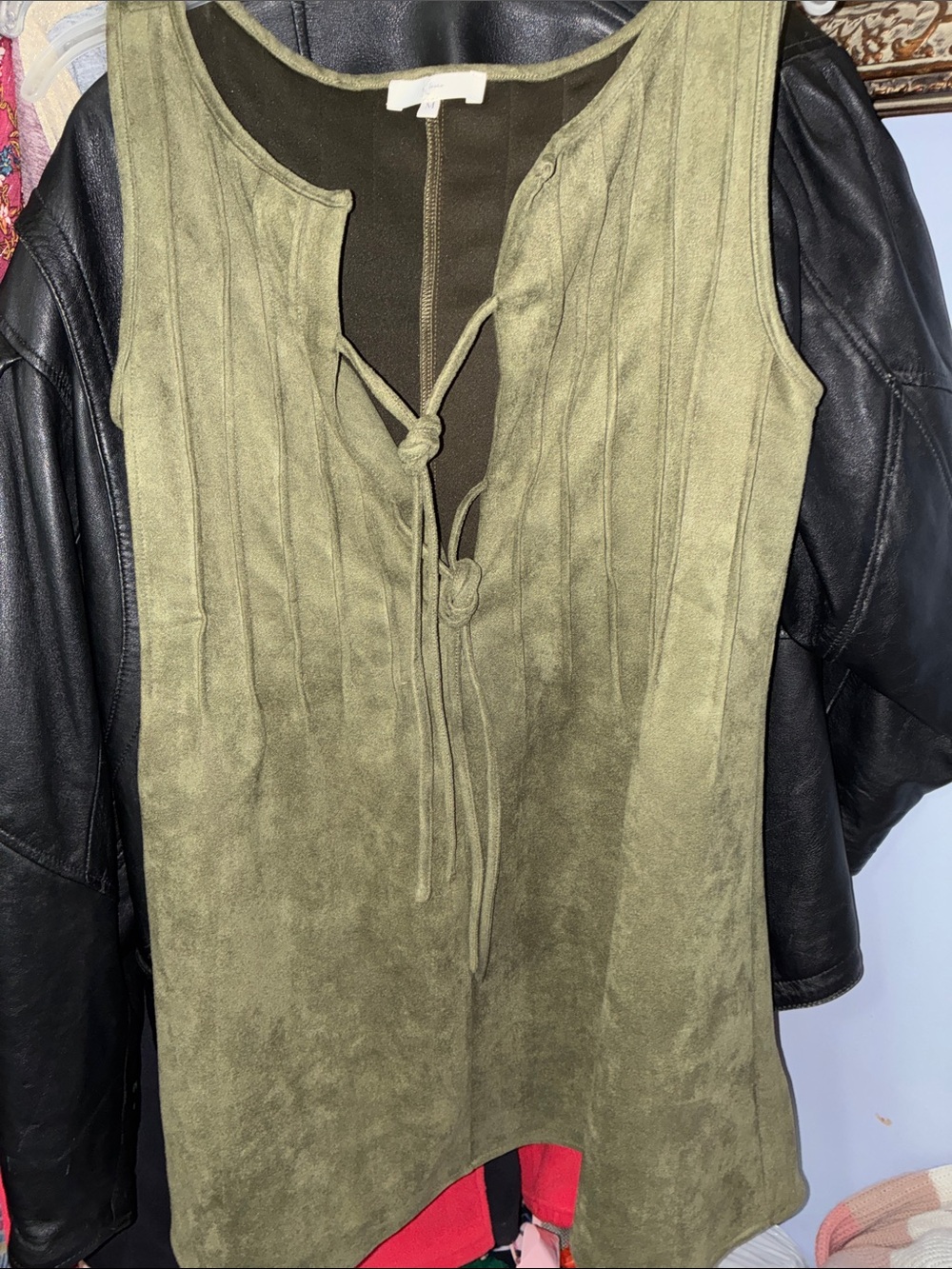 Olive Green Suede-Look Mini Dress with Tie Front